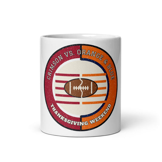 Crimson vs Orange and Blue Thanksgiving Weekend Football Mug in white, front