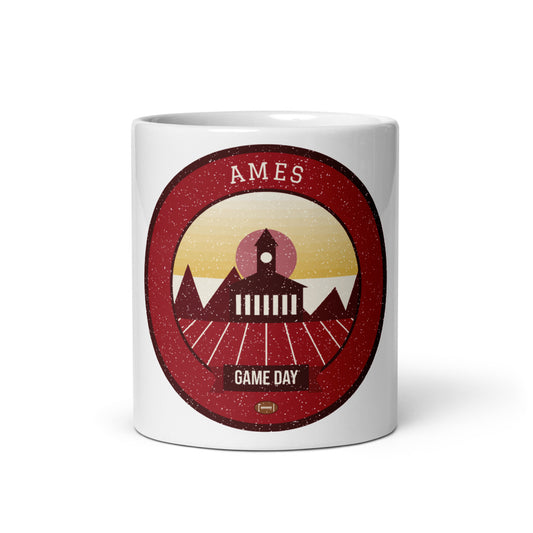 Deep Red & Gold Campanile Game Day Mug in white, front
