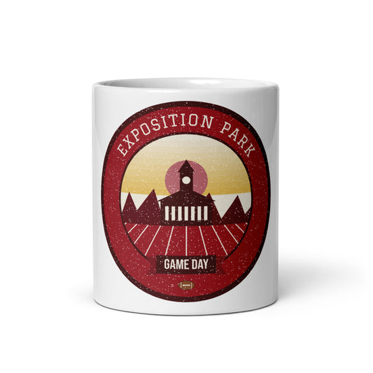 Deep Red & Gold Exposition Game Day Mug in white, front