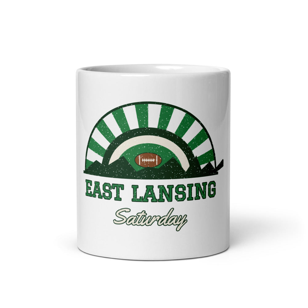 East Lansing Saturday Mug in white, front