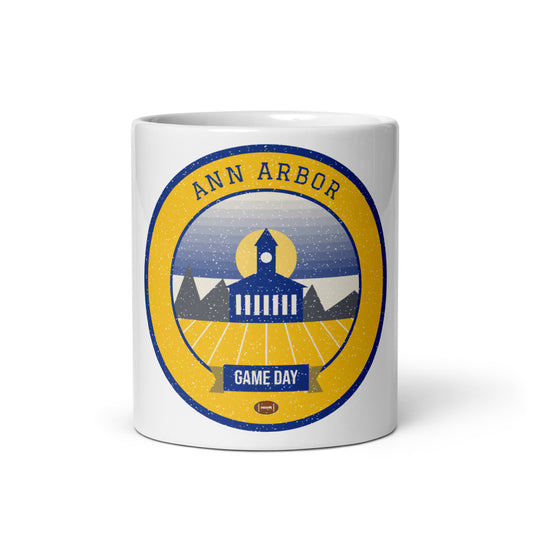 Golden Yellow & Deep Blue Game Day Mug in white, front
