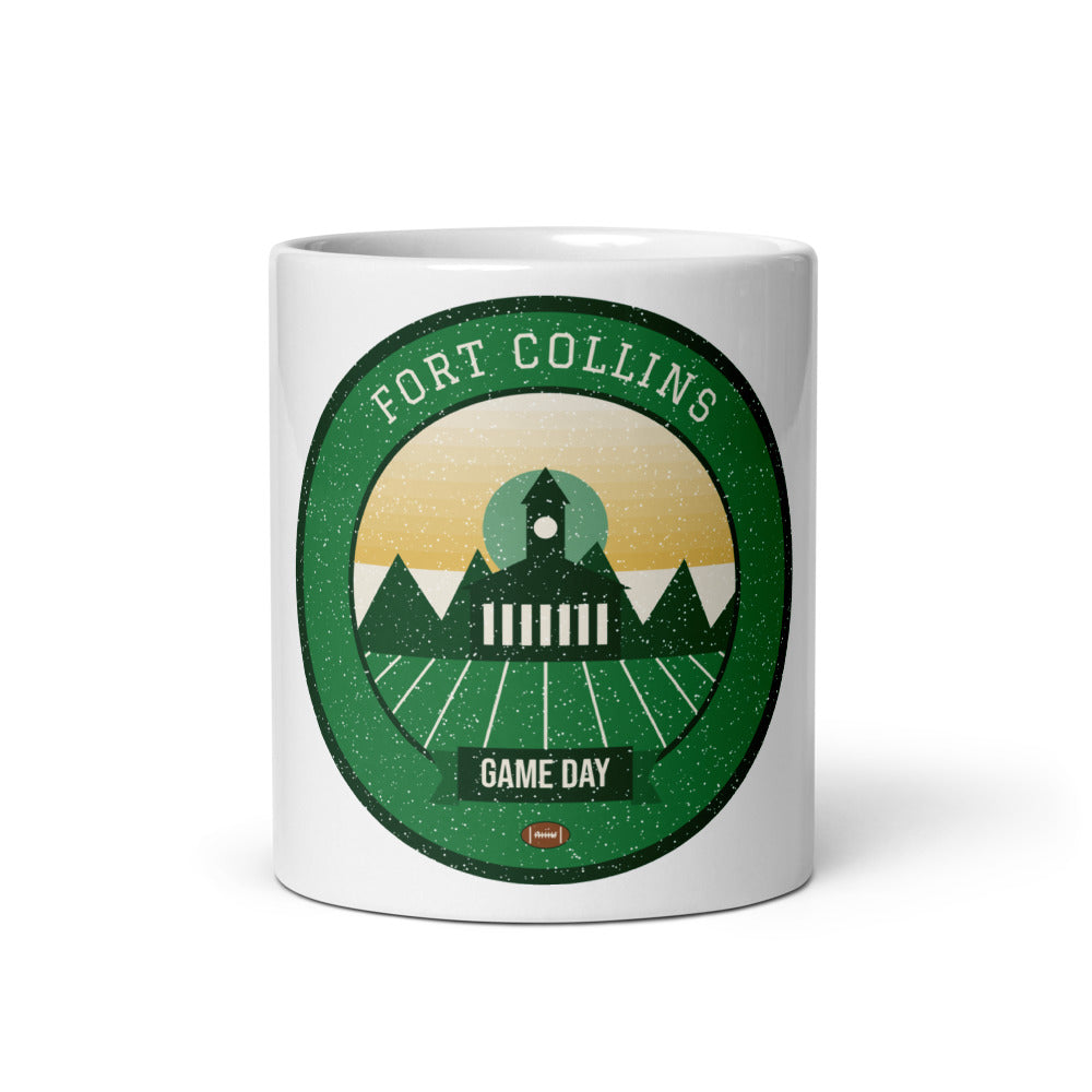 Green & Gold Foothills Game Day Mug in white, front