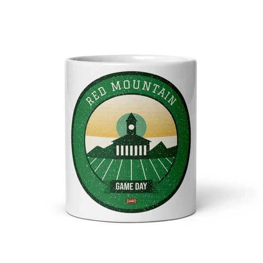 Green & Gold Red Mountain Game Day Mug in white, front