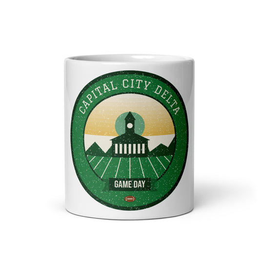 Green & Gold River Delta Game Day Mug in white, front