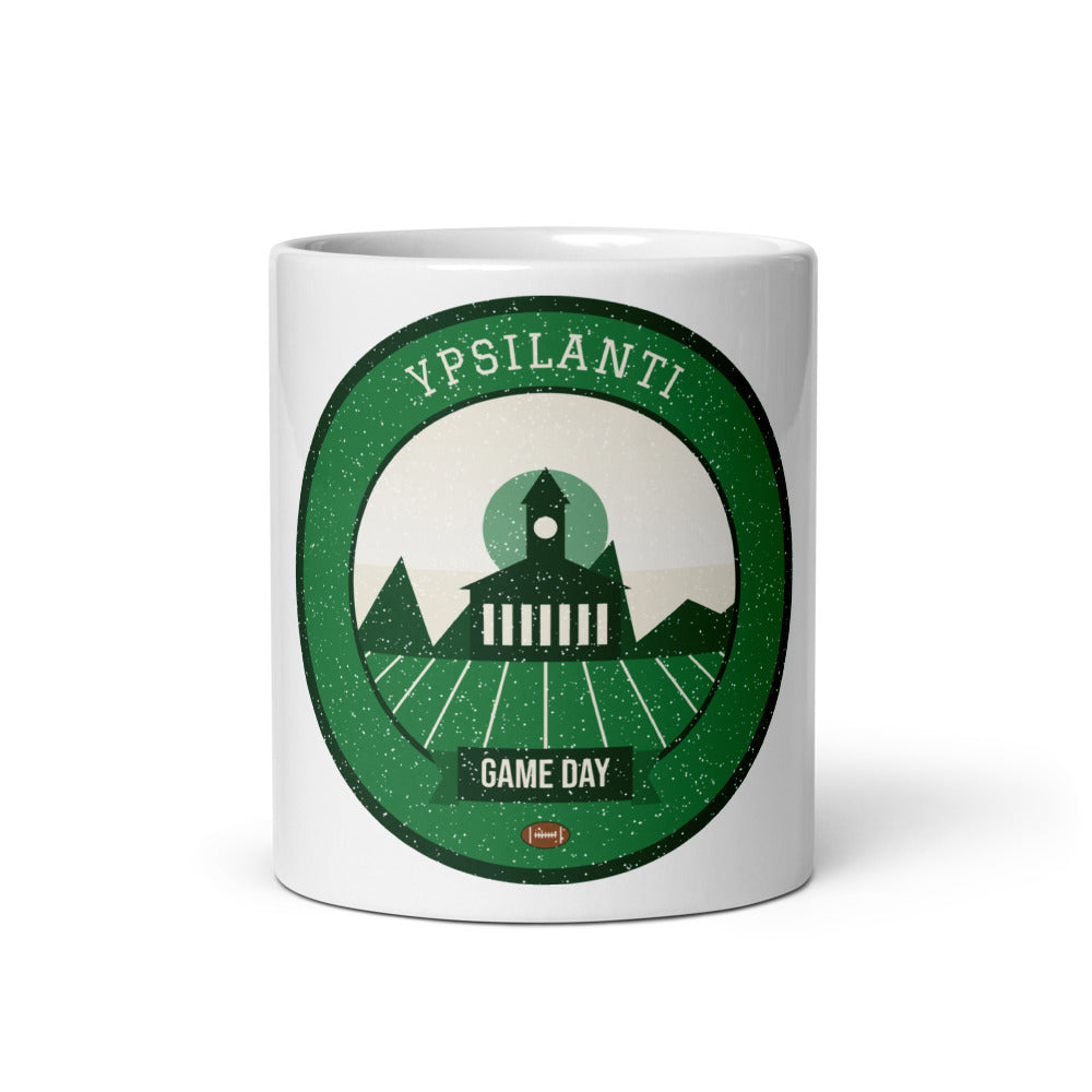 Green & White Water Tower Game Day Mug in white, front