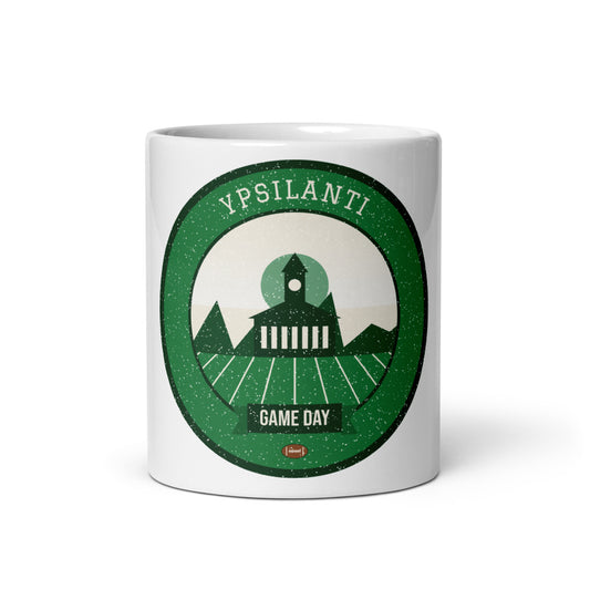 Green & White Water Tower Game Day Mug in white, front