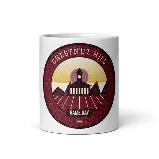 Maroon & Gold Gothic Towers Game Day Mug in white, front