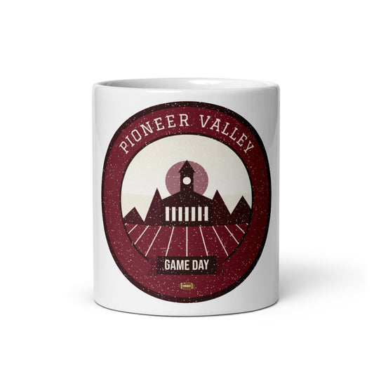 Maroon Pioneer Valley Game Day Mug in white, front