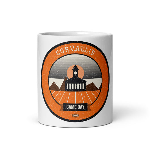 Orange & Black Covered Bridge Game Day Mug in white, front