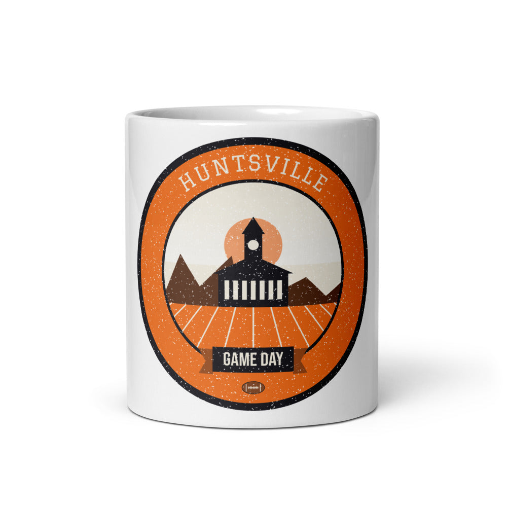 Orange Piney Woods Game Day Mug in white, front