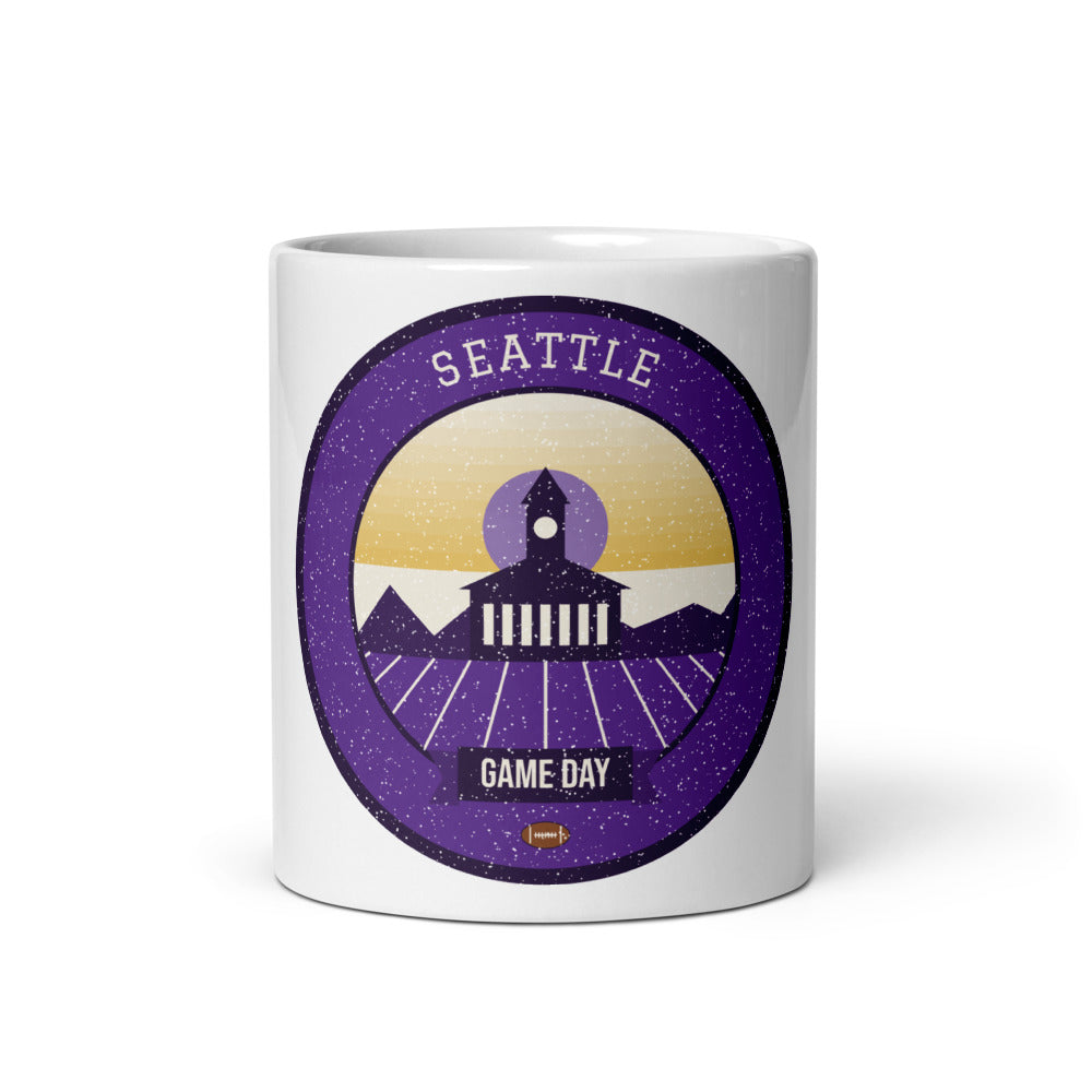 Purple & Gold Lake Union Game Day Mug in white, front