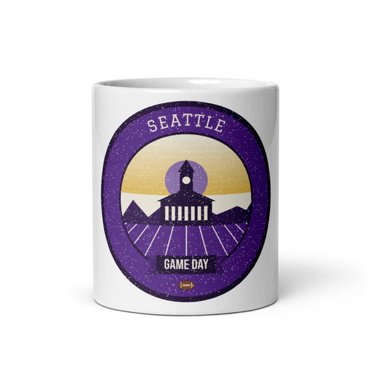 Purple & Gold Lake Union Game Day Mug in white, front