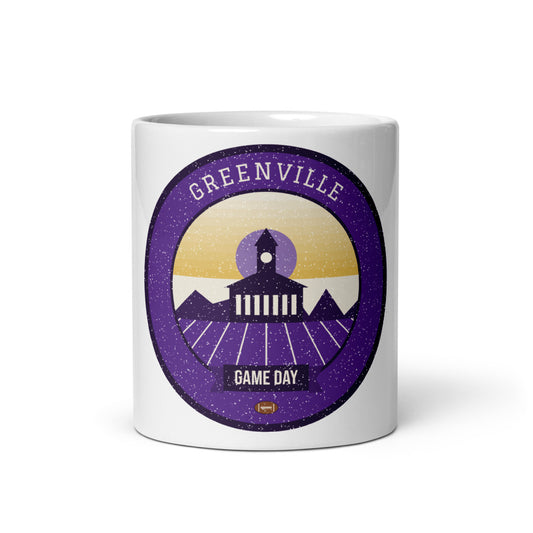 Purple & Gold Tobacco Barn Game Day Mug in white, front