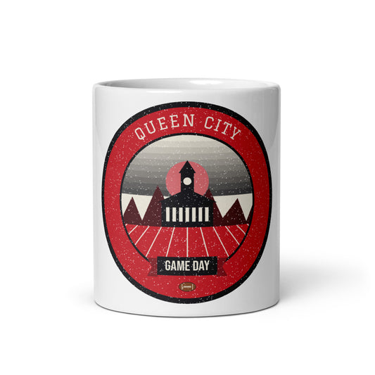 Red & Black Queen City Game Day Mug in white, front