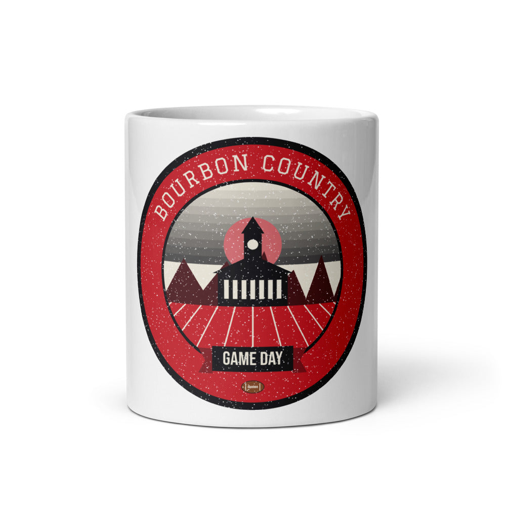 Red & Black Riverfront Game Day Mug in white, front