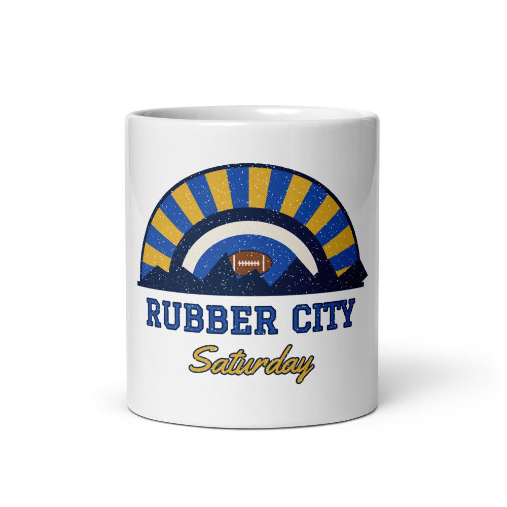 Rubber City Saturday Mug in white, front