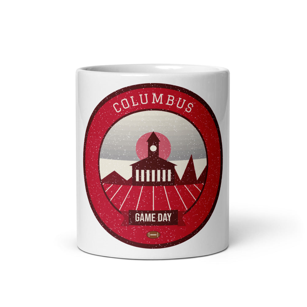 Scarlet & Gray Riverfront Game Day Mug in white, front