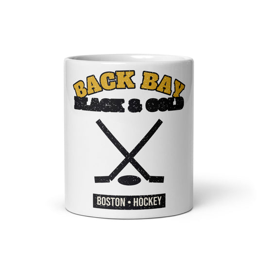 Back Bay Black & Gold Hockey Mug in white, front