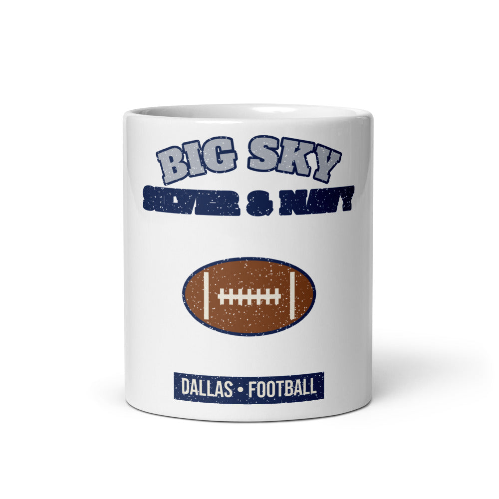 Big Sky Silver & Navy Football Mug in white, front