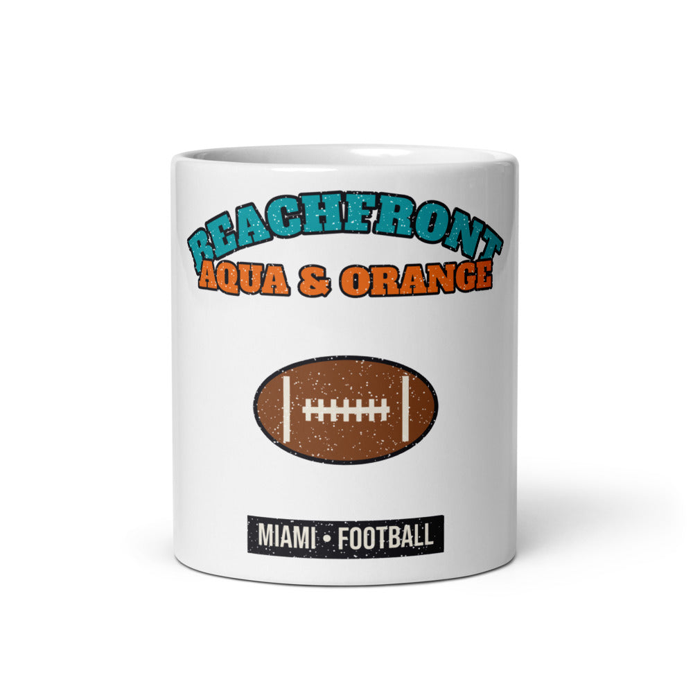 Beachfront Aqua & Orange Football Mug in white, front
