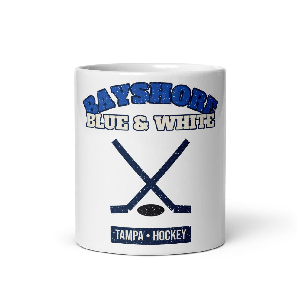 Bayshore Blue & White Hockey Mug in white, front