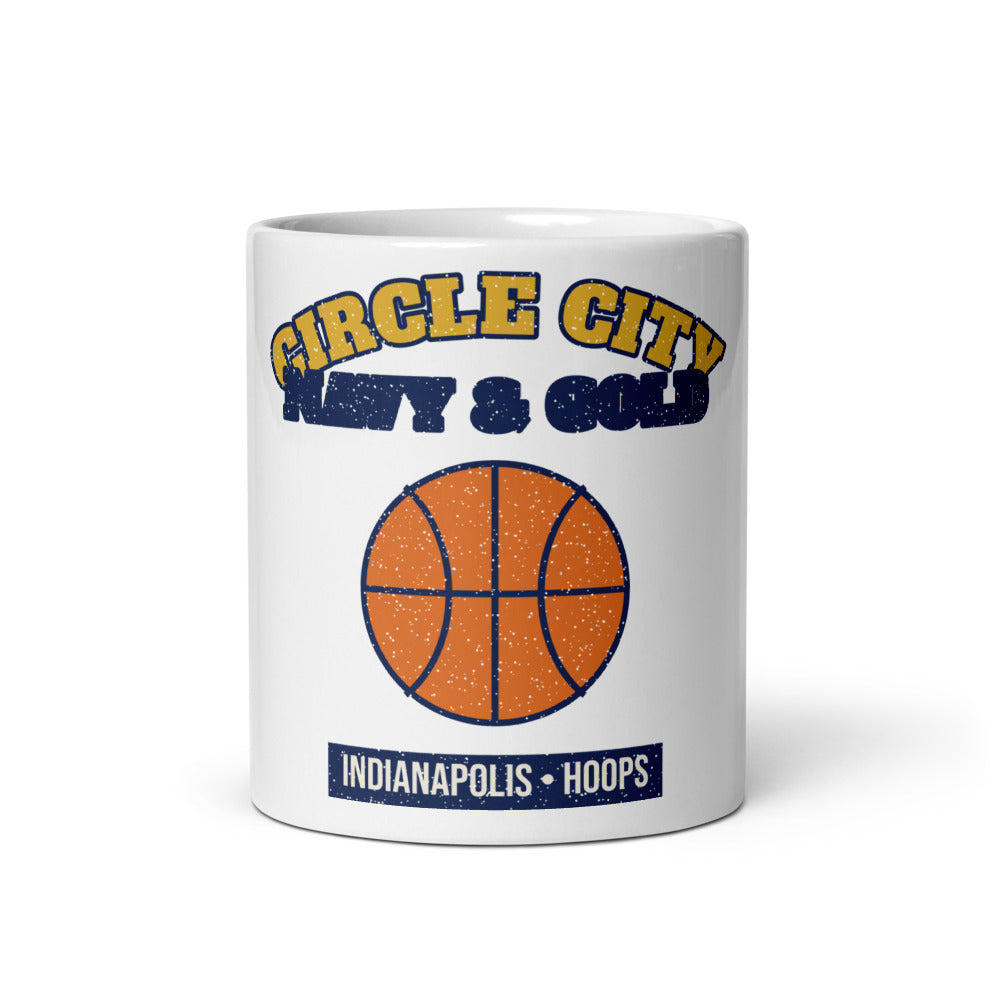 Circle City Navy & Gold Hoops Mug in white, front