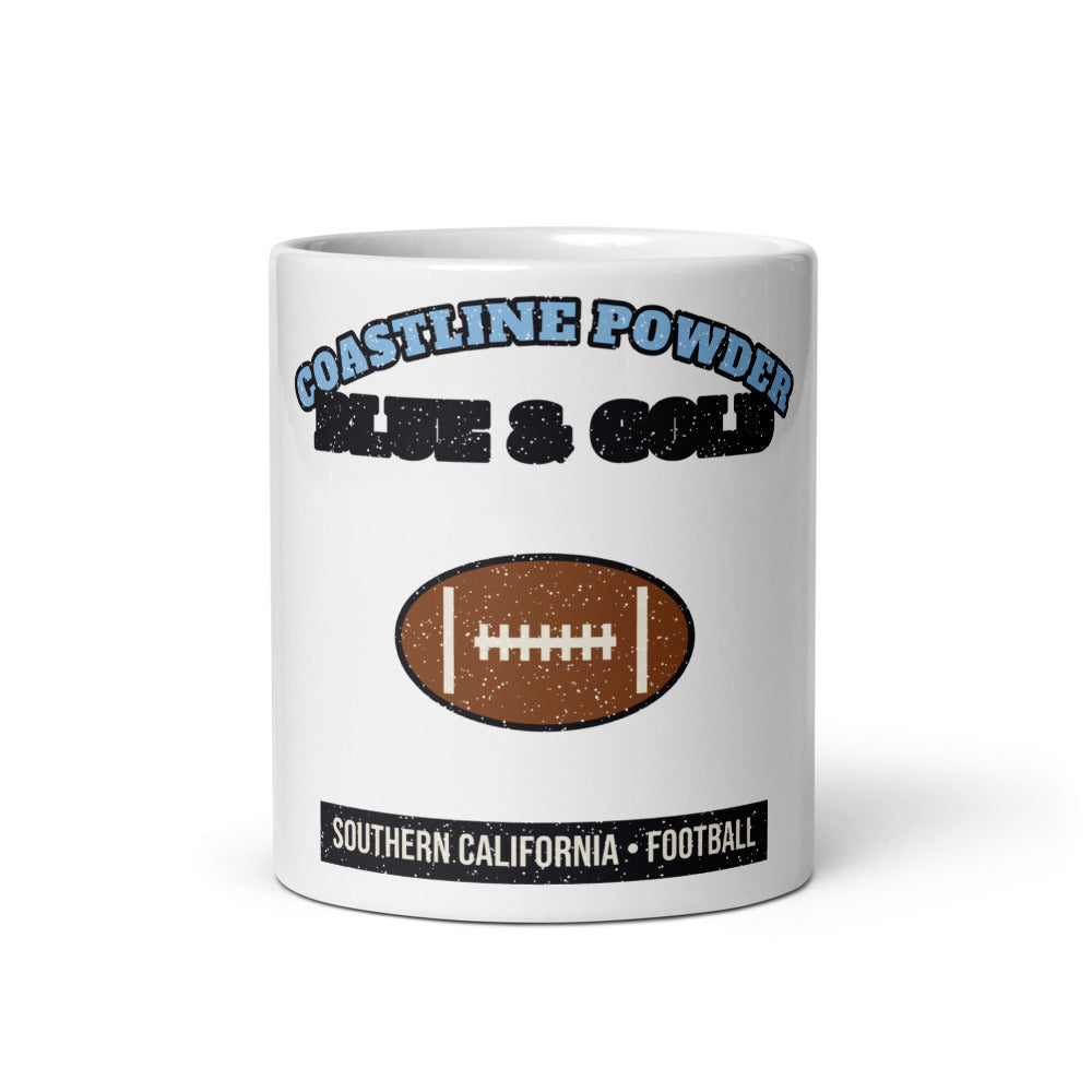 Coastline Powder Blue & Gold Football Mug in white, front