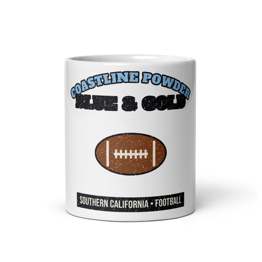 Coastline Powder Blue & Gold Football Mug in white, front