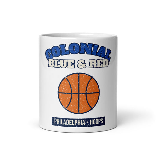 Colonial Blue & Red Hoops Mug in white, front