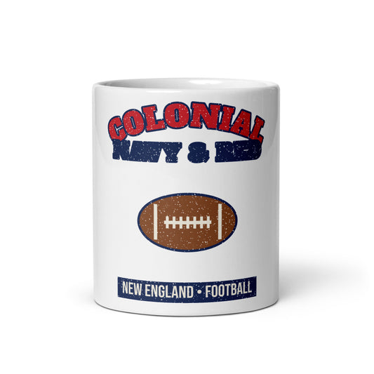 Colonial Navy & Red Football Mug in white, front