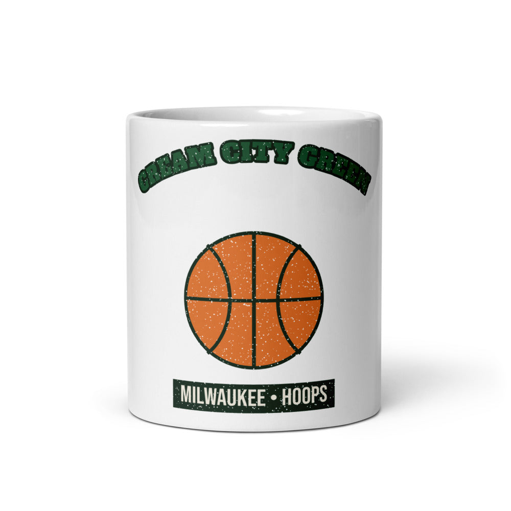Cream City Green Hoops Mug in white, front