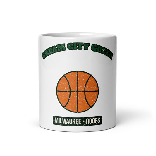 Cream City Green Hoops Mug in white, front