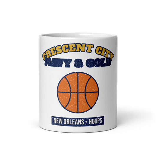 Crescent City Navy & Gold Hoops Mug in white, front
