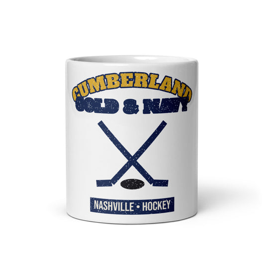 Cumberland Gold & Navy Hockey Mug in white, front