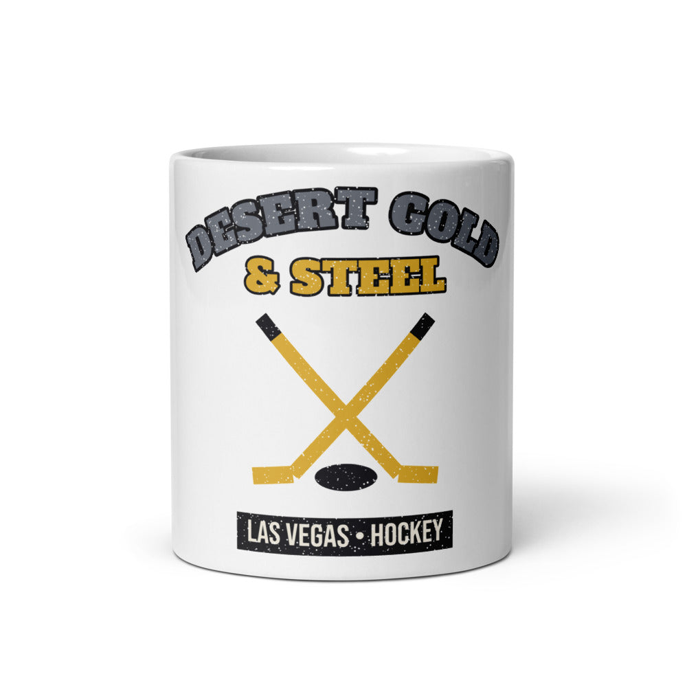Desert Gold & Steel Hockey Mug in white, front