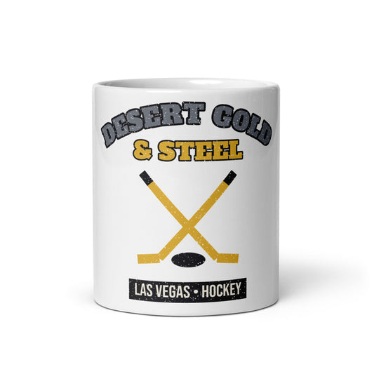 Desert Gold & Steel Hockey Mug in white, front