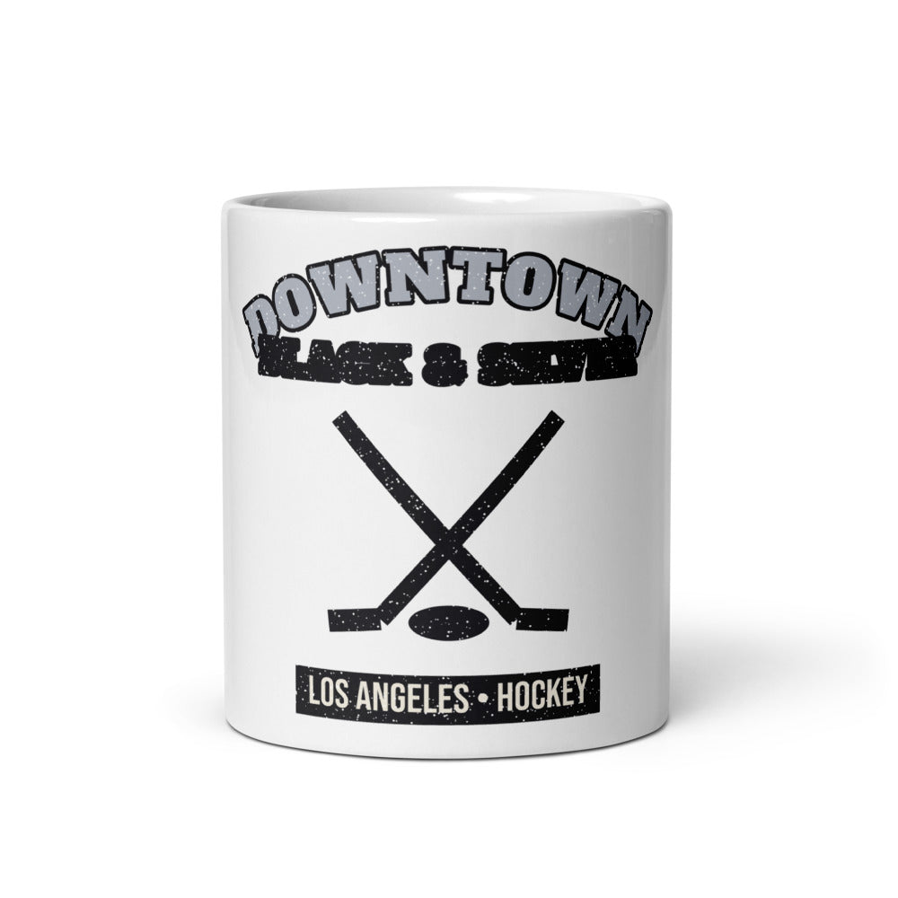 Downtown Black & Silver Hockey Mug in white, front