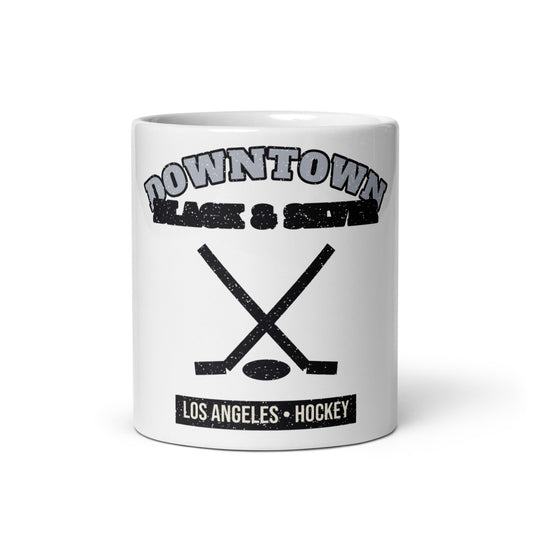 Downtown Black & Silver Hockey Mug in white, front