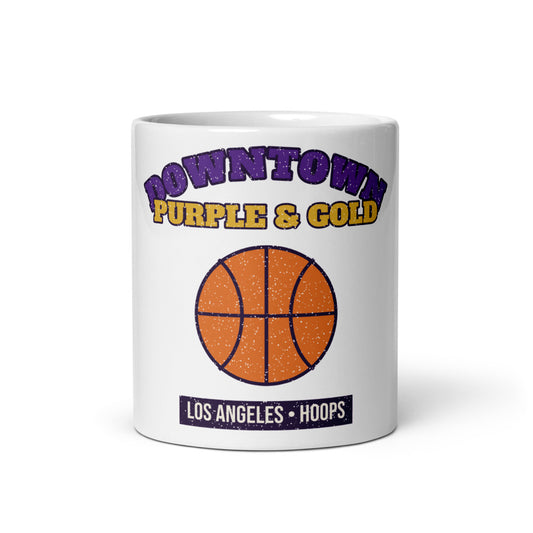 Downtown Purple & Gold Hoops Mug in white, front