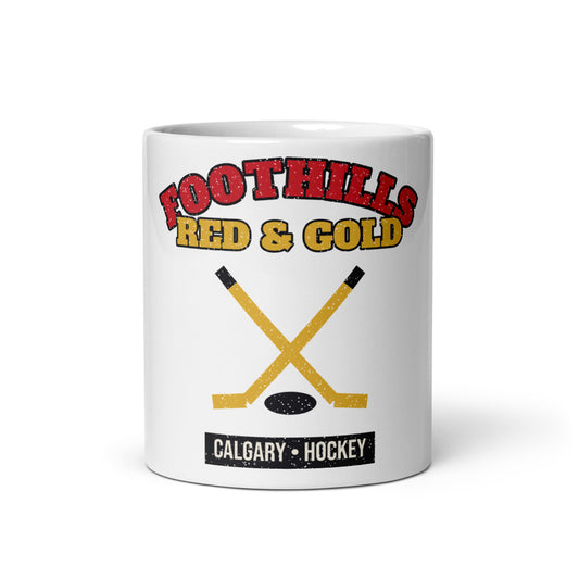 Foothills Red & Gold Hockey Mug in white, front