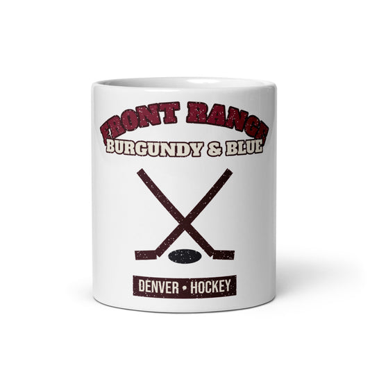 Front Range Burgundy & Blue Hockey Mug in white, front