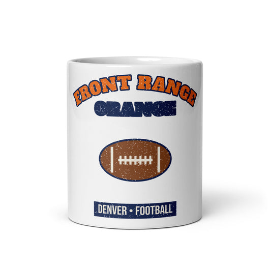 Front Range Orange Football Mug in white, front