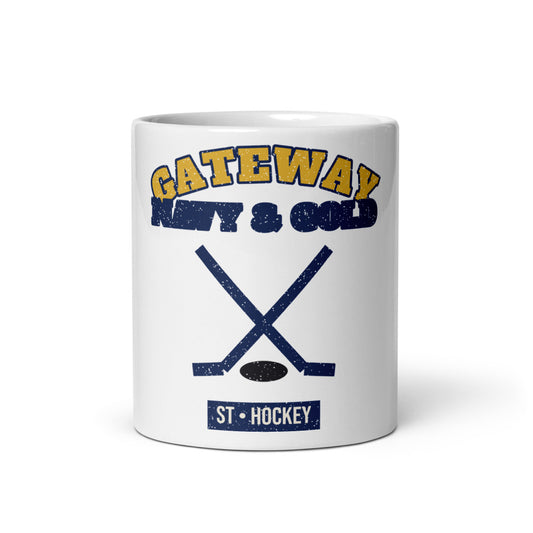 Gateway Navy & Gold Hockey Mug in white, front