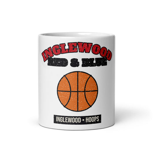 Inglewood Red & Blue Hoops Mug in white, front