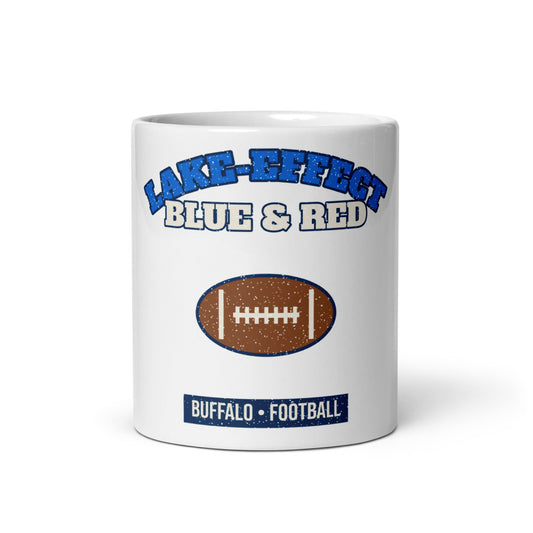Lake-Effect Blue & Red Football Mug in white, front