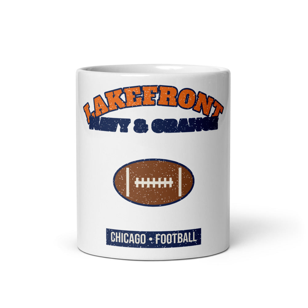 Lakefront Navy & Orange Football Mug in white, front