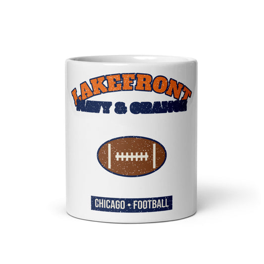 Lakefront Navy & Orange Football Mug in white, front