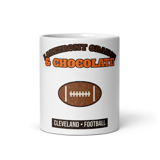 Lakefront Orange & Chocolate Football Mug in white, front