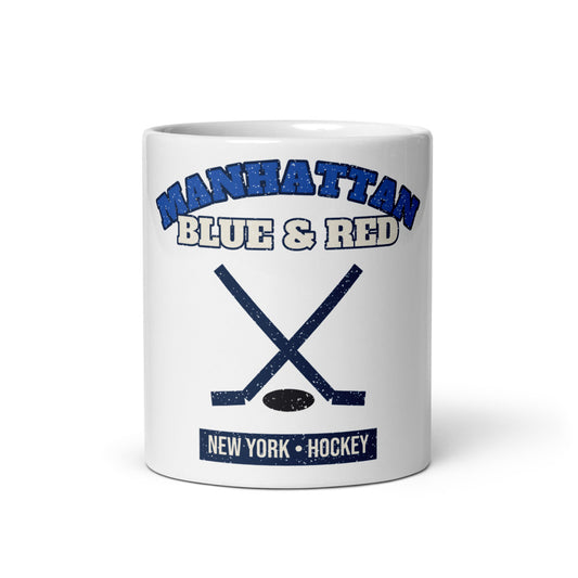 Manhattan Blue & Red Hockey Mug in white, front