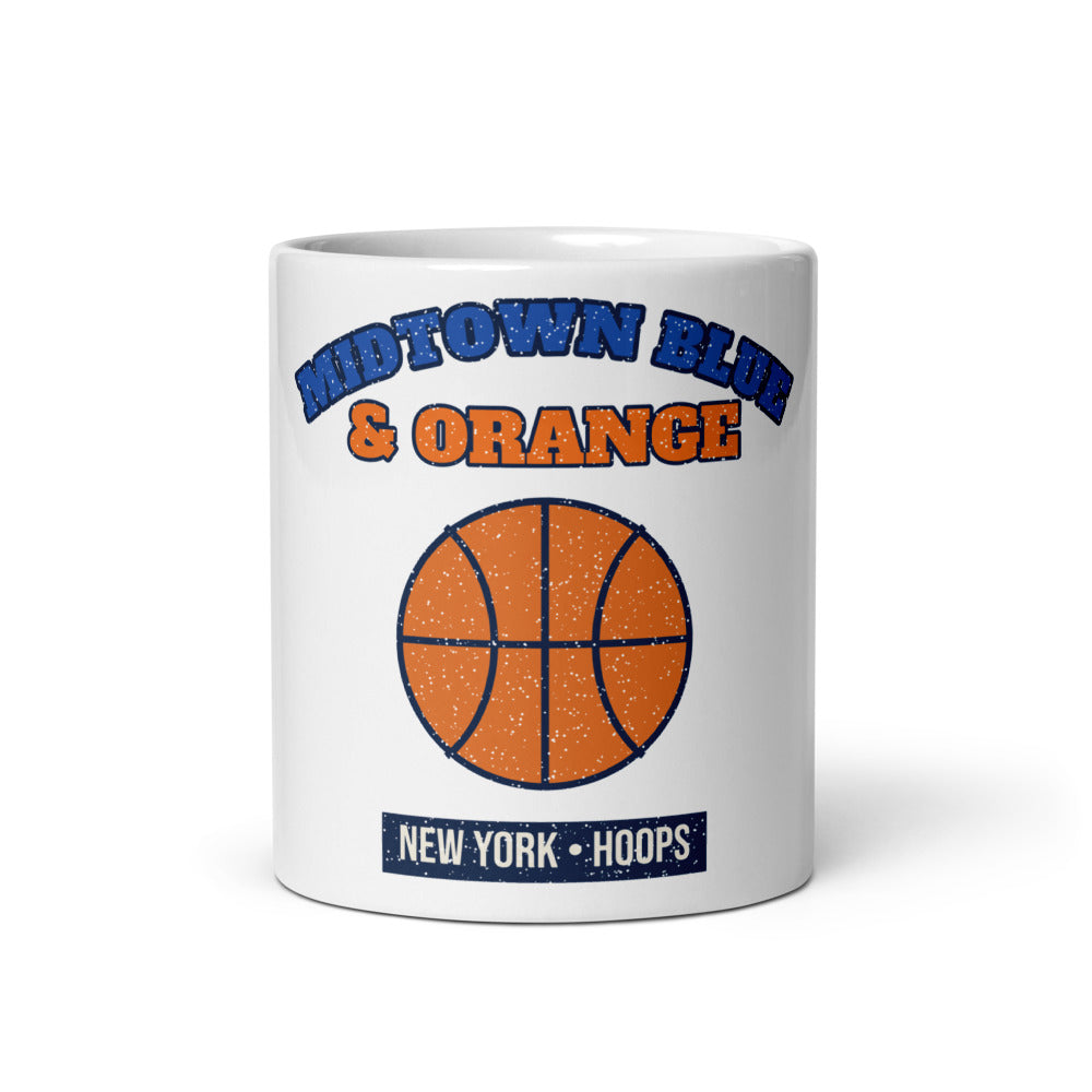 Midtown Blue & Orange Hoops Mug in white, front